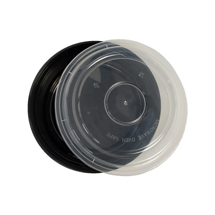 Round Black Plastic Food Takeout Containers with Clear Lids – 7in x 1-1/2in  – 24oz – 150 per case